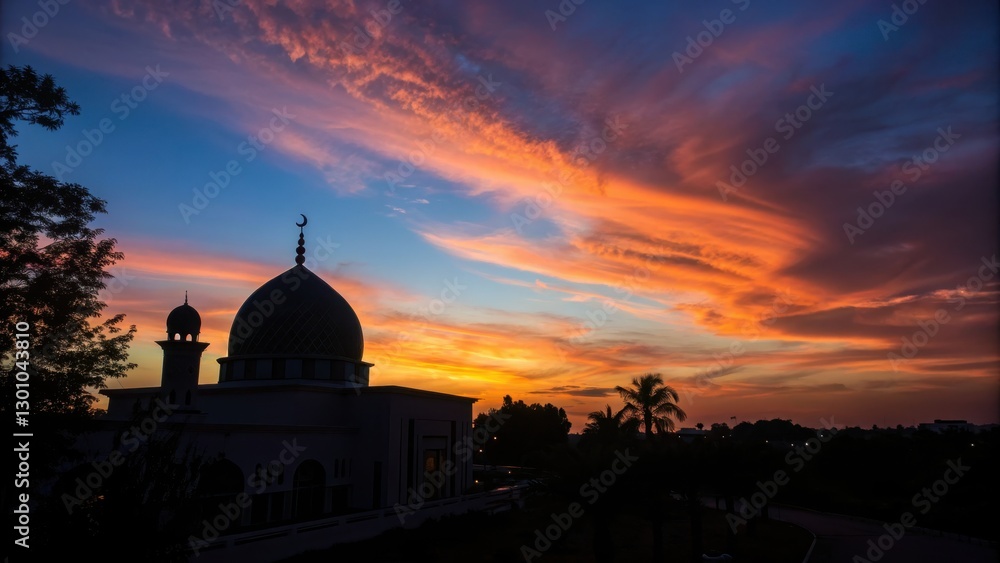 Fototapeta premium Dramatic silhouette of mosque dome at sunset spiritual reflection global photography ramadan quran