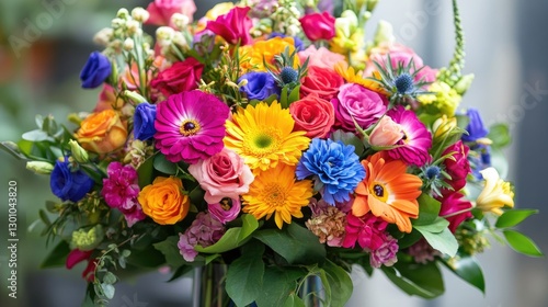 Wallpaper Mural A vibrant floral bouquet featuring a variety of flowers such as roses lilies and dahlias, arranged in a decorative centerpiece. Bright colors lush greenery festive or romantic occasions. Generative AI Torontodigital.ca