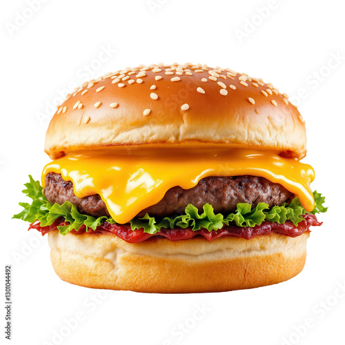 Cheeseburger with Thick Beef Patty and Melted Cheddar on Transparent Background