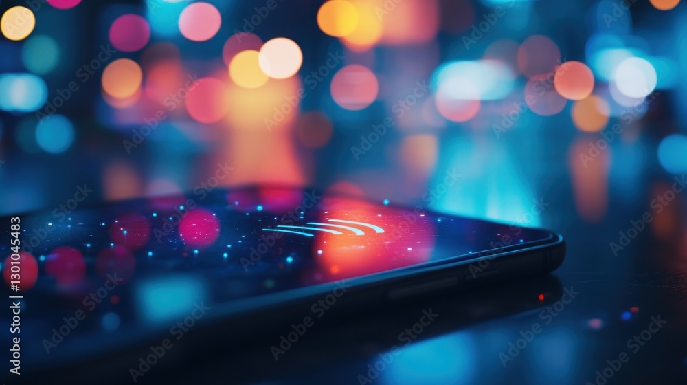 Futuristic smartphone display with glowing network signals in a vibrant city night Futuristic smartphone display with glowing network signals in a vibrant city night