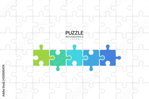 Puzzle infographics with 5 pieces. Jigsaw business chain infographic. Process diagram presentation. Vector illustration.
