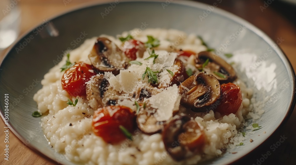 Risotto with mushrooms roast tomatoes and parmesan on wooden table Risotto with mushrooms roast tomatoes and parmesan on wooden table