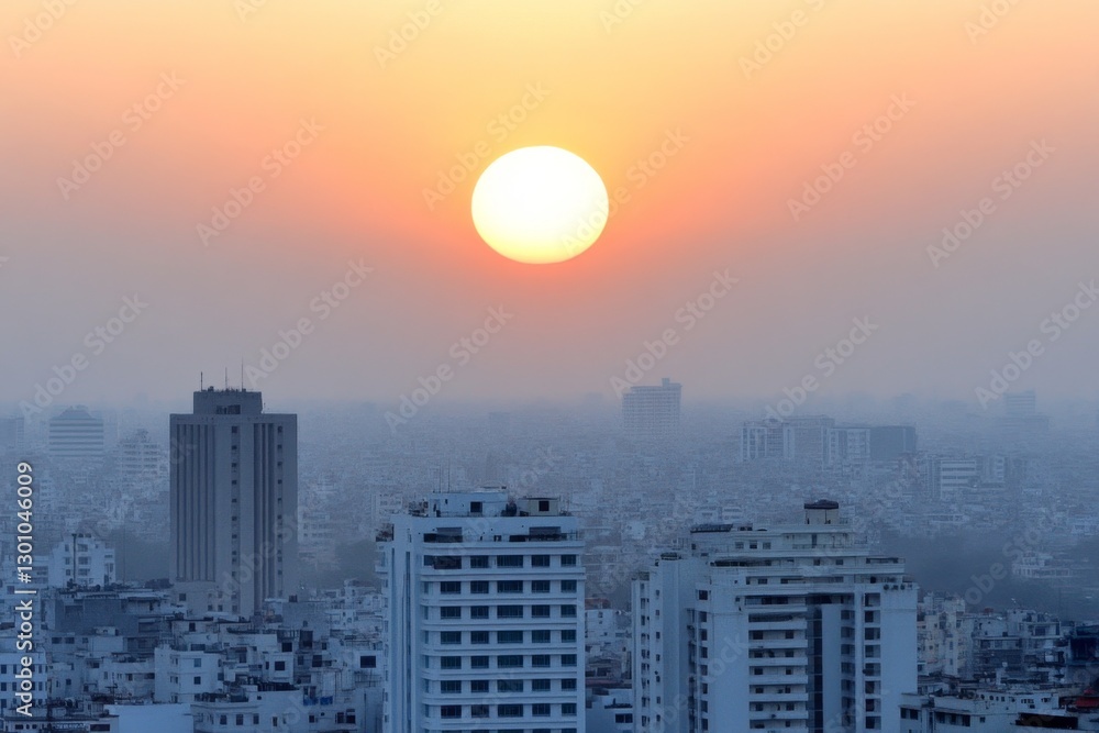Fototapeta premium A hazy sunrise over a polluted city, with exhaust fumes from morning traffic rising into the sky