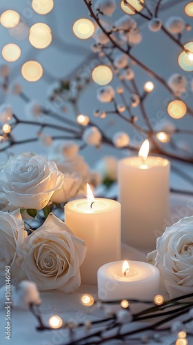 Spa composition with burning candles, flowers and sea salt on white marble table