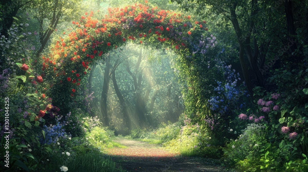 Fototapeta premium Flower archway with vibrant roses and wildflowers forming a natural tunnel, leading to a sunlit forest path. The composition emphasizes nature's beauty and tranquility. Generative AI