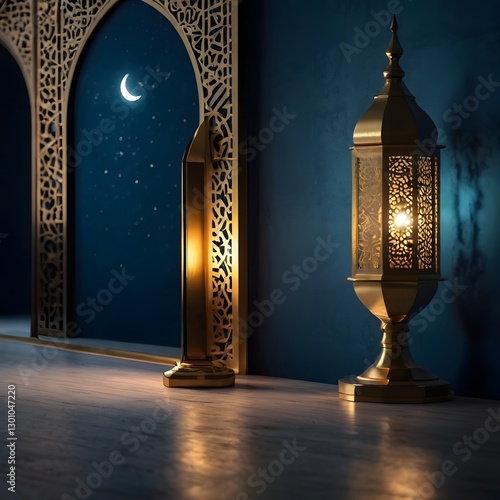 Islamic blue blank minimalist wallpaper, crescent big size in the middle, shining in gold , Ramadan the holy month, warm ambience, blessing