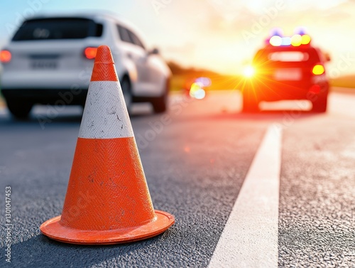 Orange and white traffic cone for street accident safety. Traffic cone in focus with cars and a police vehicle in the background, indicating an active road situation during sunset.