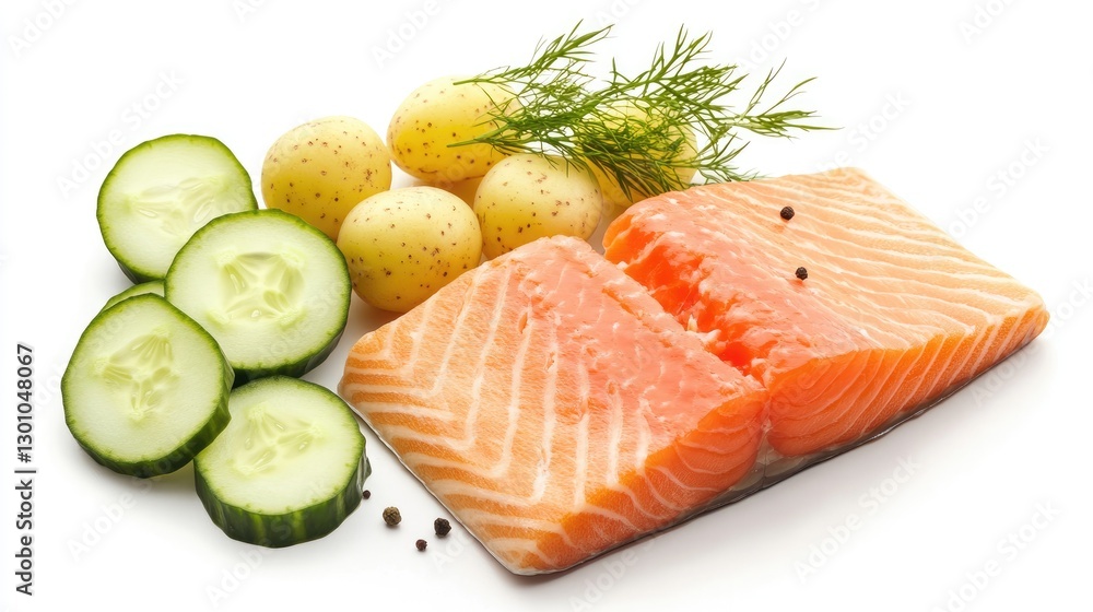 Seared salmon steak with boiled potatoes and sliced cucumber on white background Seared salmon steak with boiled potatoes and sliced cucumber on white background