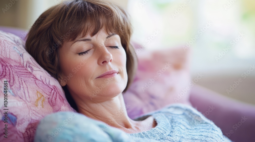Fototapeta premium Stress Management. A woman peacefully resting on a couch, reflecting tranquility and relaxation, surrounded by soft pillows in a cozy environment.
