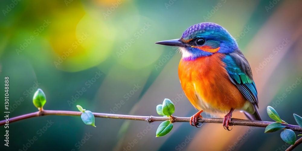 Vibrant Plumage Bird Perched on a Twig with Lush Green Foliage in a Soft-Focus Natural Setting Vibrant Plumage Bird Perched on a Twig with Lush Green Foliage in a Soft-Focus Natural Setting
