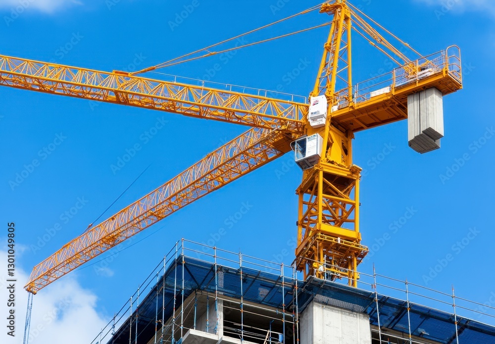 Yellow Tower Crane on a Construction Site Under a Blue Sky Yellow Tower Crane on a Construction Site Under a Blue Sky