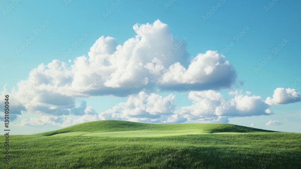 Fototapeta premium Bright blue sky with white clouds over green grass fields