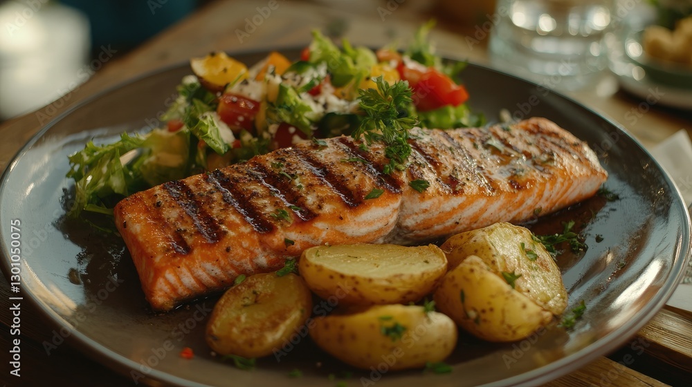 Seared salmon steak with fried potatoes and fresh vegetable salad served on wooden table Seared salmon steak with fried potatoes and fresh vegetable salad served on wooden table