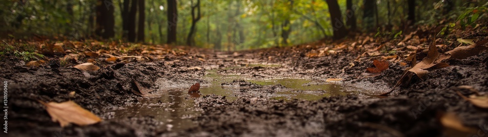 Muddy Forest Path After Rain Autumn Leaves and Puddles Muddy Forest Path After Rain Autumn Leaves and Puddles