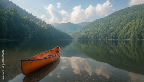 Orange Canoe on a Calm Mountain Lake