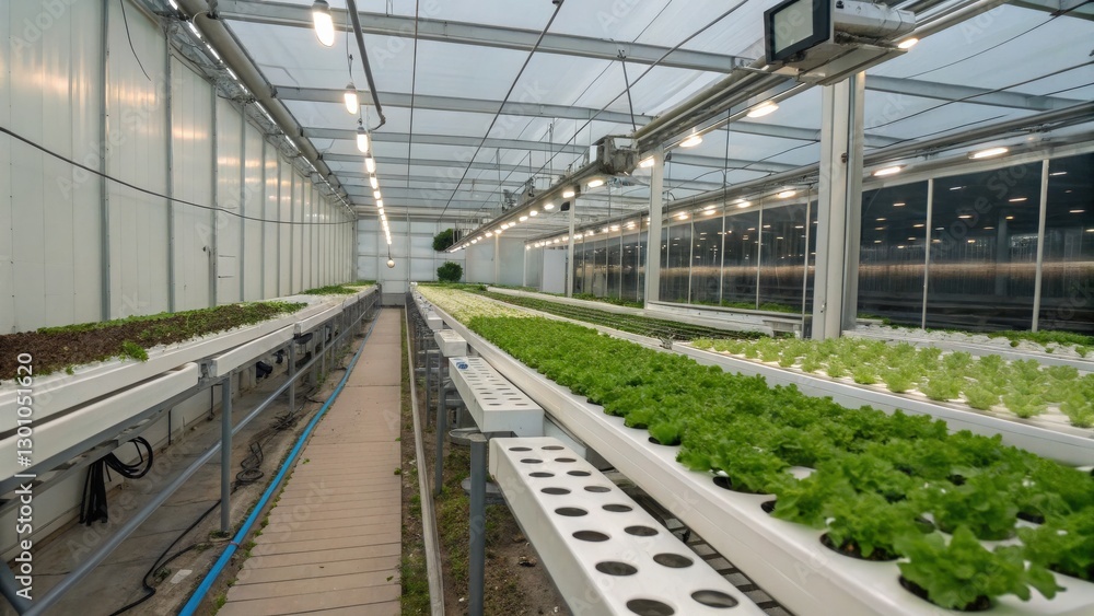 Greenhouse with rows of hydroponically grown lettuce plants. Greenhouse with rows of hydroponically grown lettuce plants.