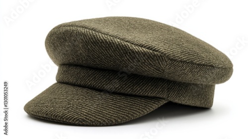 A unique asymmetrical brim cap in olive green, isolated white background photo