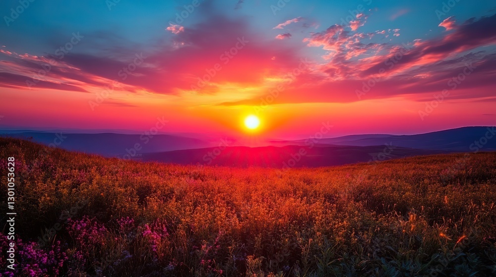 Fototapeta premium Solar panels in a green field absorb sunlight under a blue sky, generating clean, renewable energy.
