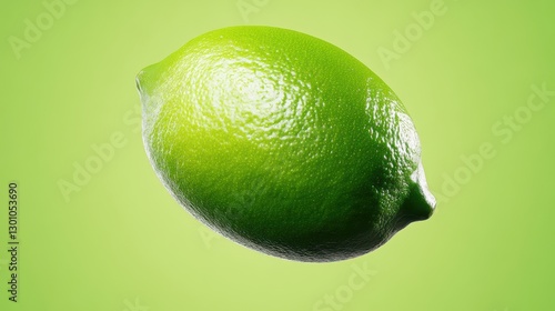 A single lime with a textured green surface floats against a vibrant green background, creating a striking visual contrast