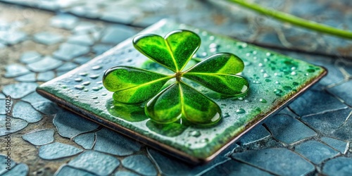 Lucky clover charm glass coaster, uniquely cracked, perfect for St. Patrick's Day or everyday home decor.