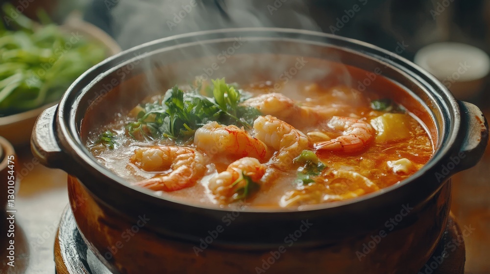 Yunnan hot pot - Chinese soup with chicken breast and shrimps on wooden table Yunnan hot pot - Chinese soup with chicken breast and shrimps on wooden table