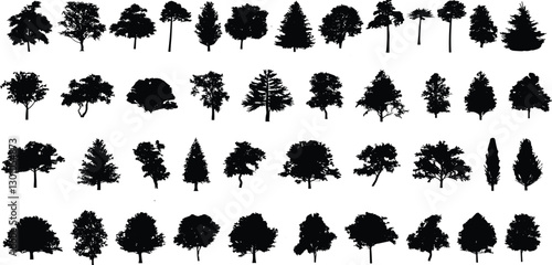 silhouette tree line drawing set, Side view, set of graphics trees elements outline symbol for architecture and landscape design drawing