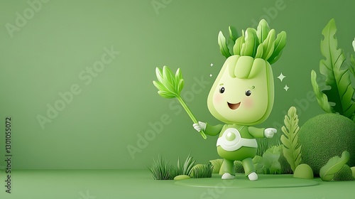 Joyful Green Veggie Character: 3D Render in Lush Spring Setting AI Generated