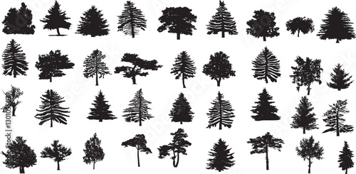 silhouette tree line drawing set, Side view, set of graphics trees elements outline symbol for architecture and landscape design drawing