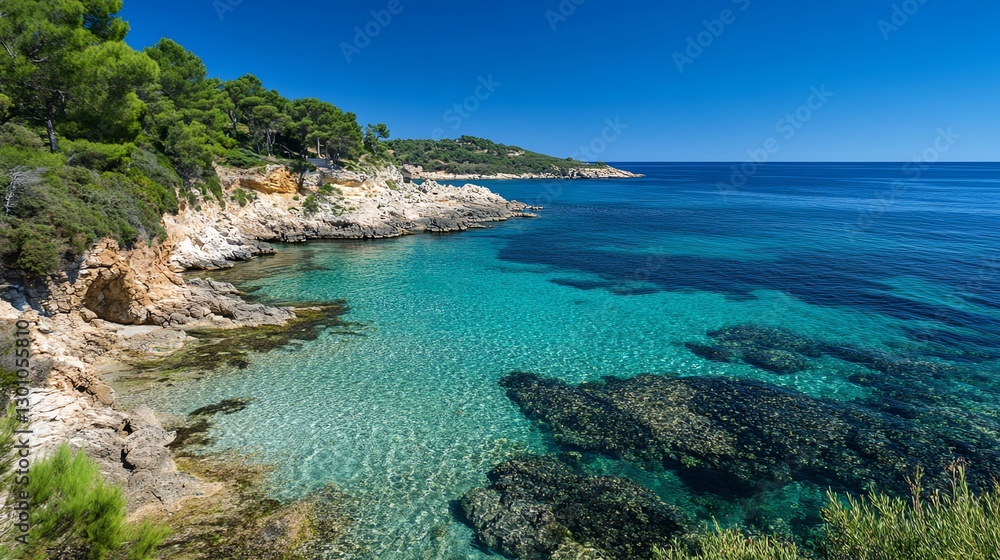 Coastal view with clear water and blue sky. Coastal view with clear water and blue sky.