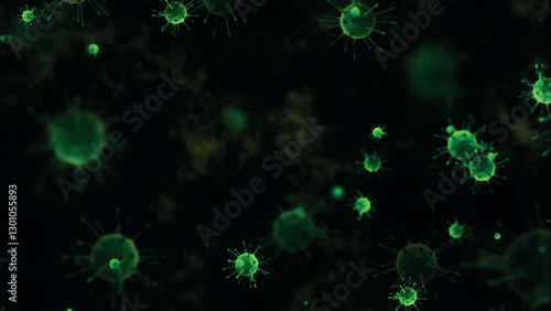 Abstract of many viruses in the background. Bacteria moving in space. Virus cells under a microscope. Pathogens. Outbreak of bacteria and viruses, pathogens. Pandemic idea. Vector