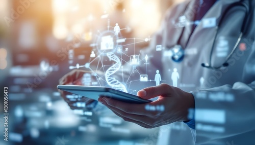 Futuristic doctor in lab coat using a tablet with a glowing DNA hologram, perfect for medical tech, genetics, and innovation illustrations. photo