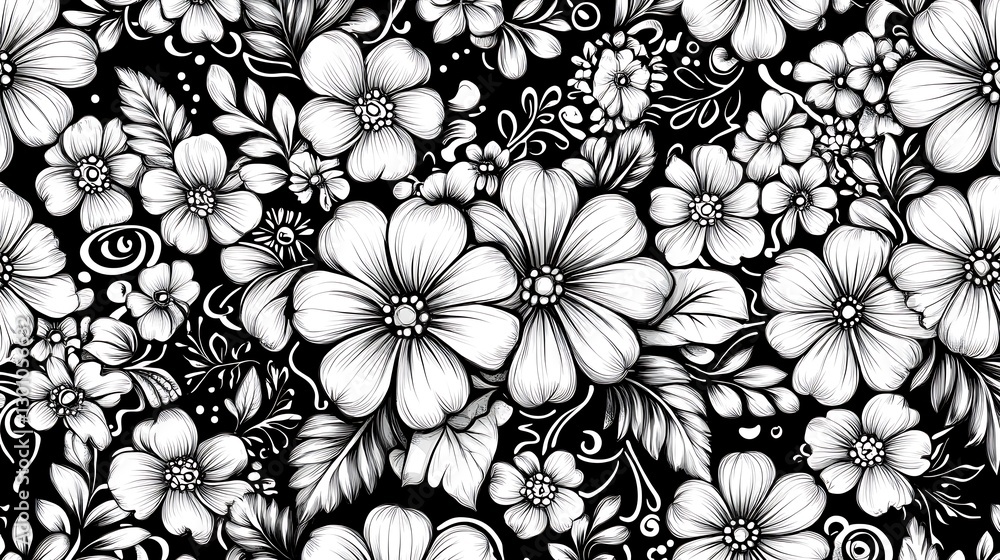 Monochrome floral extravaganza featuring intricate botanical illustration Monochrome floral extravaganza featuring intricate botanical illustration
