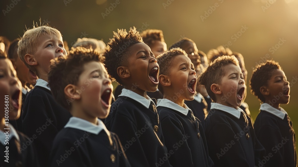 Obraz premium Children in school uniforms singing.