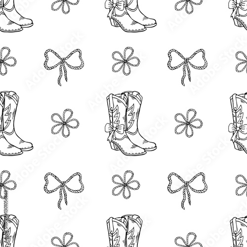 Cowgirl line art illustration seamless pattern with lasso, bows and western elements for creative decor and design projects
