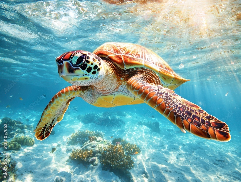 Fototapeta premium A vibrant sea turtle glides gracefully through clear blue waters, illuminated by sunlight filtering down from the surface.