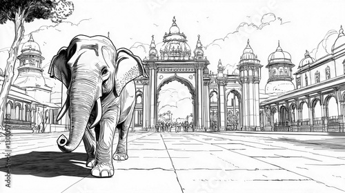 Line art of a majestic elephant walking through the gates of Mysore Palace during Dasara festivities
