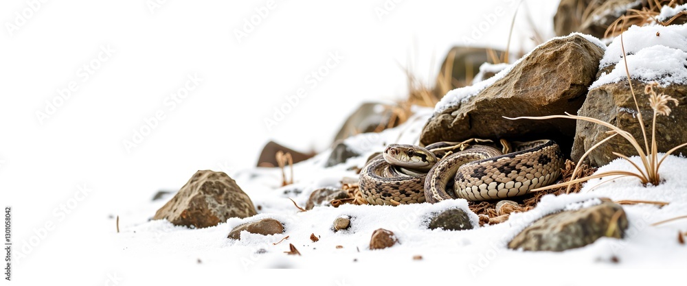 Fototapeta premium Snake resting on rocks in snowy environment