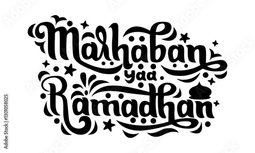 Marhaban yaa Ramadhan black hand-lettering typography design on white background. Vector Illustration Translate: May the blessing of Ramadan enlighten our hearts and our soul
