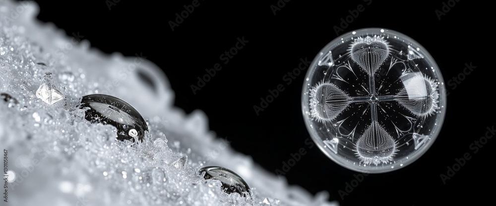 Frozen soap bubble on sparkling snow background Frozen soap bubble on sparkling snow background