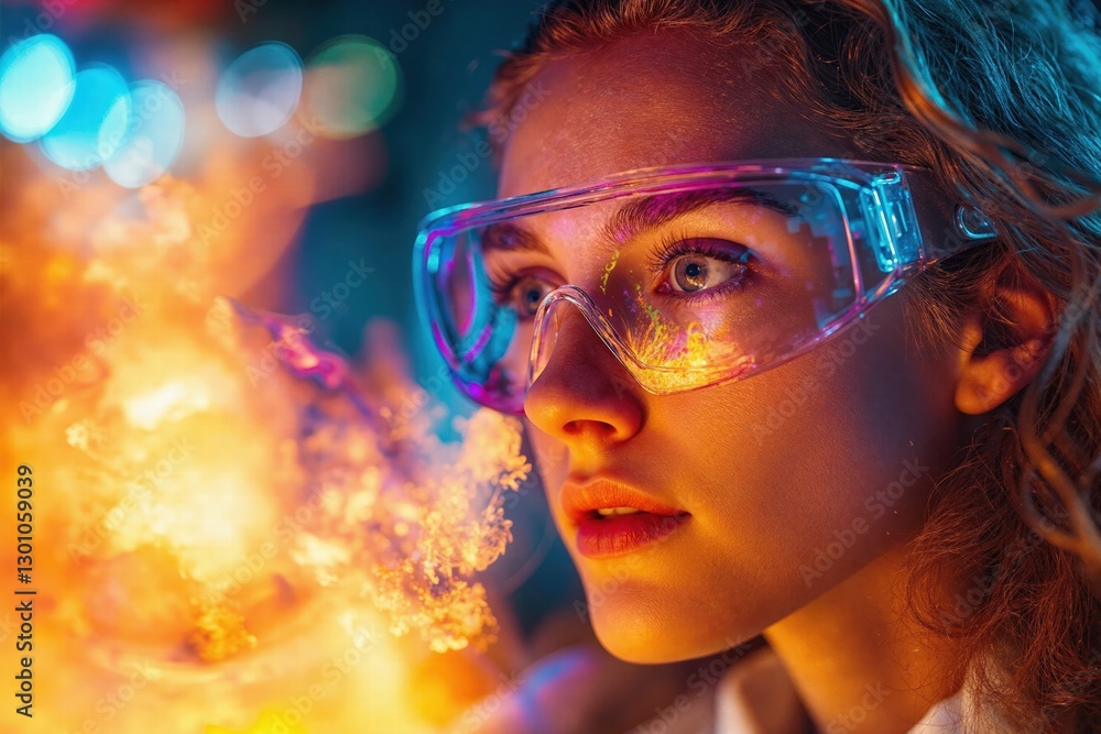 Futuristic tech innovation: woman with vr goggles engulfed in colorful flames and bokeh lights Futuristic tech innovation: woman with vr goggles engulfed in colorful flames and bokeh lights