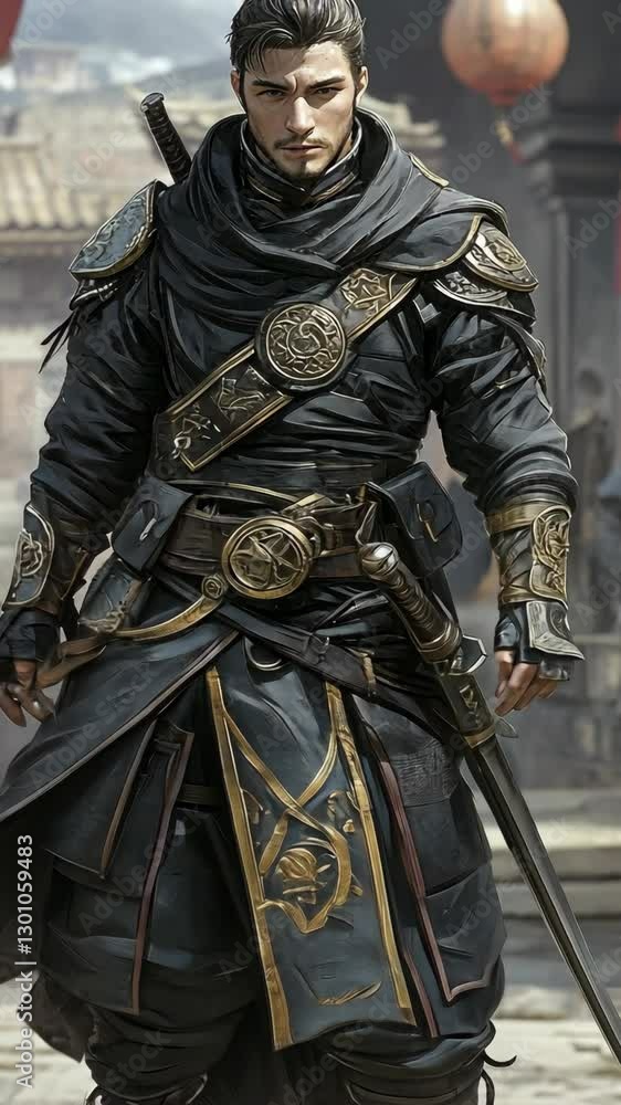 Warrior in intricate armor standing confidently in a historical courtyard during daylight hours Warrior in intricate armor standing confidently in a historical courtyard during daylight hours