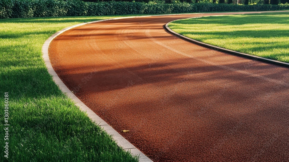 Obraz premium A curved reddish running track surrounded by green grassy areas