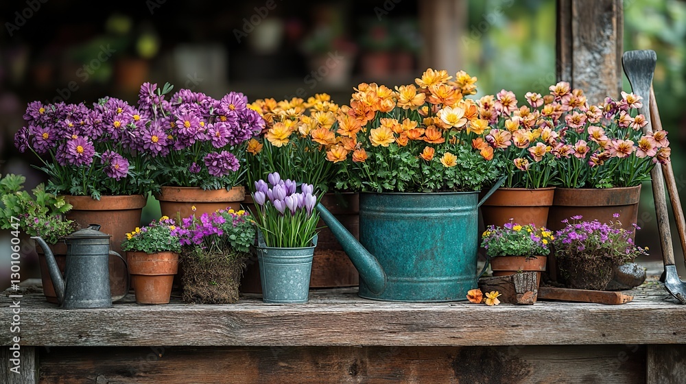 Obraz premium Springtime gardening Chrysanthemums, crocus, watering can, spade, and rake on wood. Perfect for text.