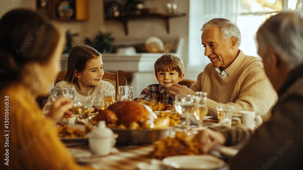 Multigenerational family gathered around a table enjoying a festive holiday meal, with warm lighting and smiles. Generative AI Multigenerational family gathered around a table enjoying a festive holiday meal, with warm lighting and smiles. Generative AI