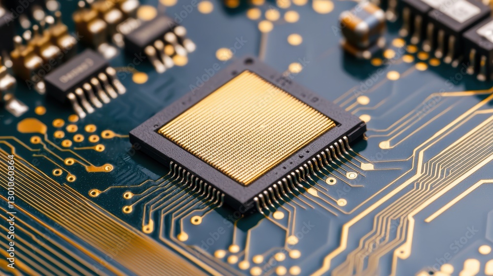 Semiconductor circuit board with microchips Concept, Detailed View of Polished Semiconductor Board Featuring Golden Traces and Standard Components in High Resolution Semiconductor circuit board with microchips Concept, Detailed View of Polished Semiconductor Board Featuring Golden Traces and Standard Components in High Resolution