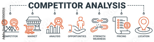 Competitor analysis web icon vector illustration concept with icon of competitor, market, analysis, opportunities, strength weakness, pricing and location icons. Outline vector symbol background.