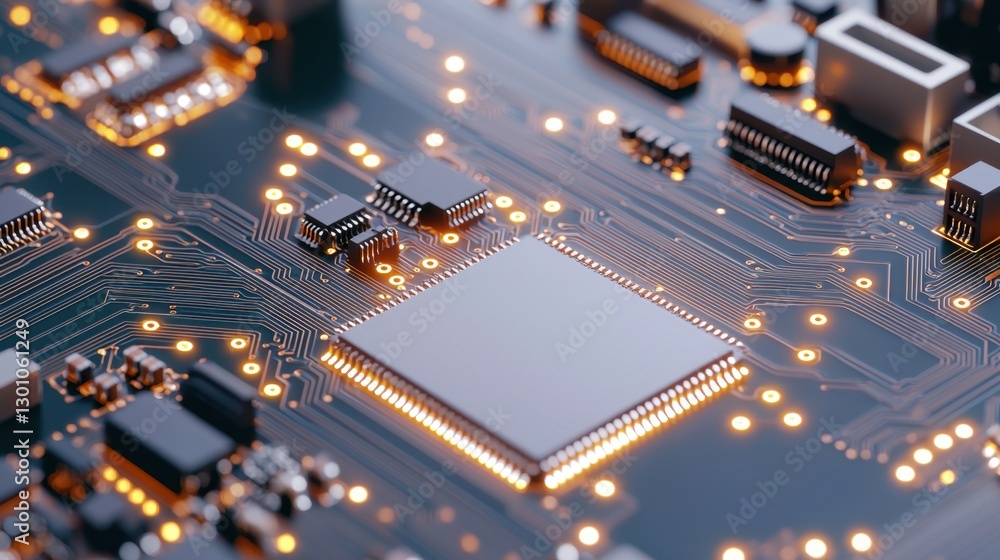 Obraz premium Semiconductor circuit board with microchips Concept, Detailed Close-up of a Semiconductor Circuit Board with Tiny Embedded Chips and Pathways Highlighted