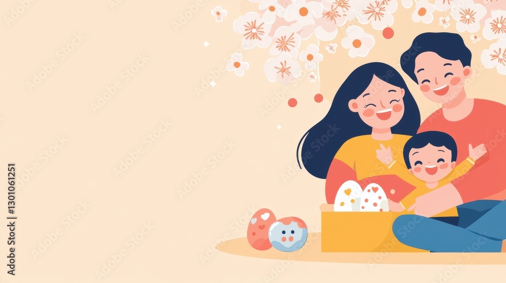 A family of three shares a joyful moment with Easter eggs and flowers. A family of three shares a joyful moment with Easter eggs and flowers.