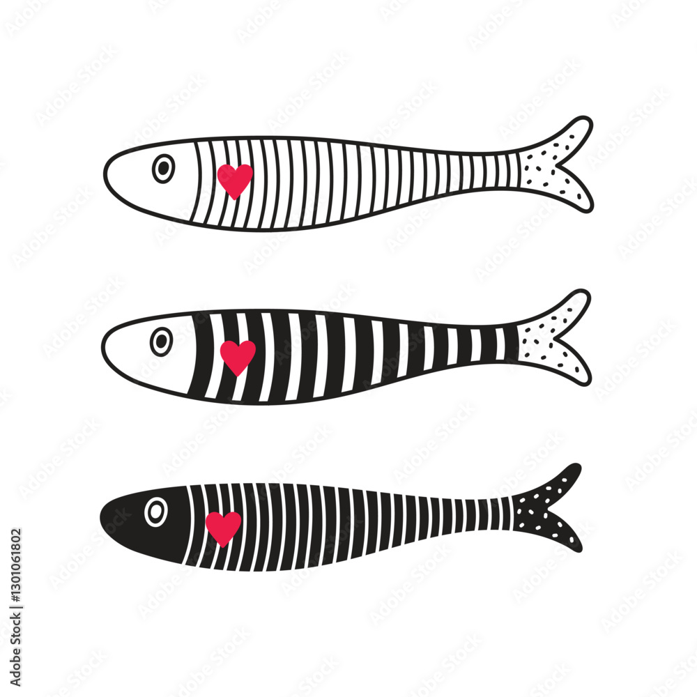 Sardines with hearts on a transparent background. Vector hand-drawn illustration.