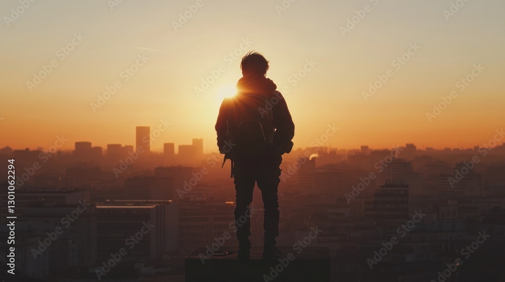 Fototapeta premium Silhouetted person with backpack standing on rooftop overlooking hazy sunset cityscape.